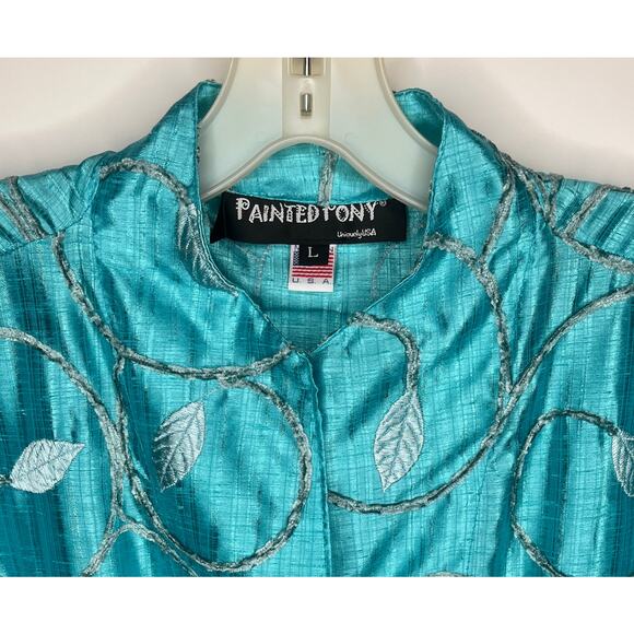 Painted Pony women's blue jacket with leaf design three button up closure L - Picture 3 of 5